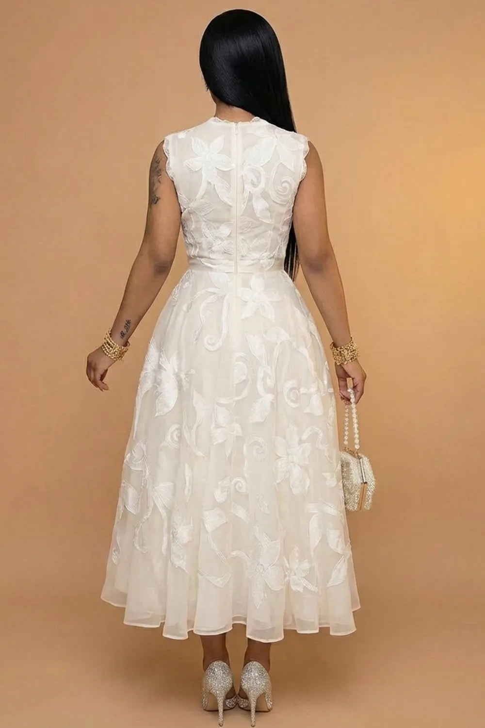 Deep V Neck Sleeveless Flower A-Line Gowns Maxi Dresses-White