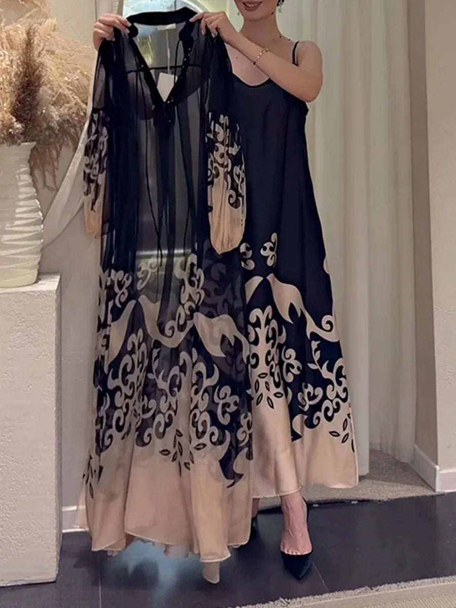 Women's V-neck Chiffon Printed Dress Set