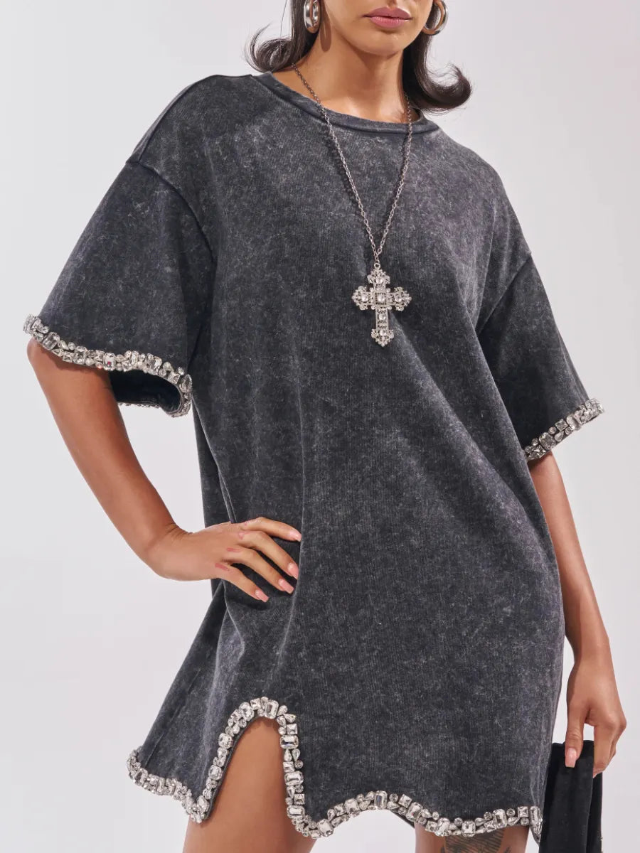 Rhinestone Trim Washed T‑Shirt Mini Dress