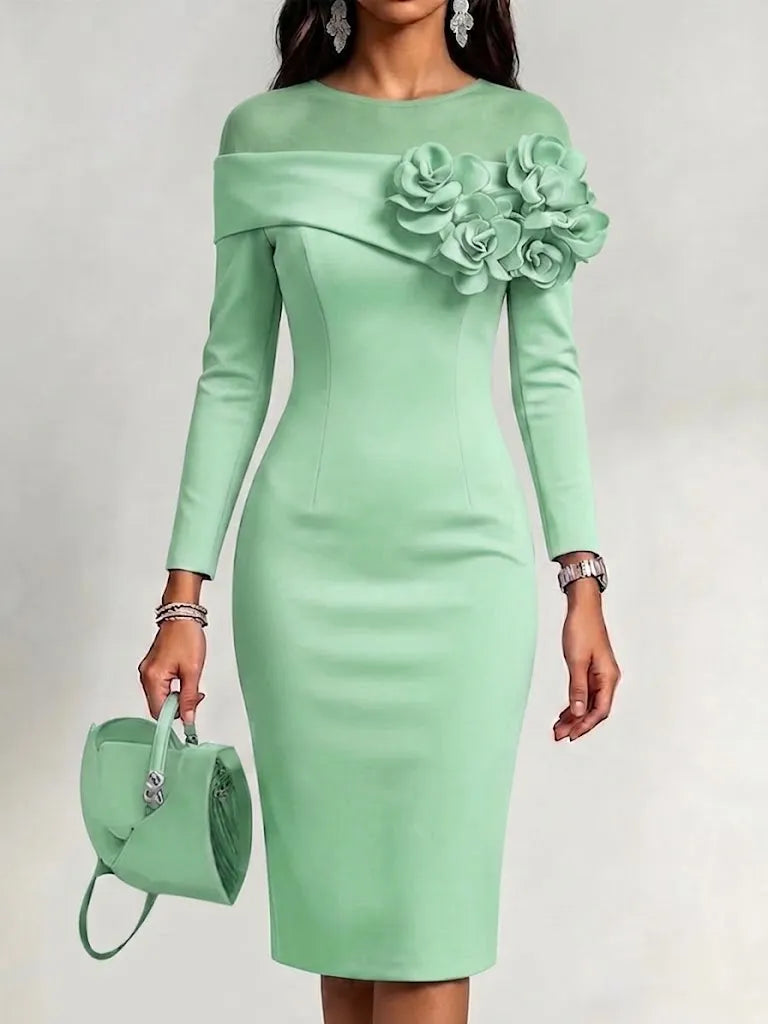 Dress With A Round Neck And 3d Floral Embellishment On The Side