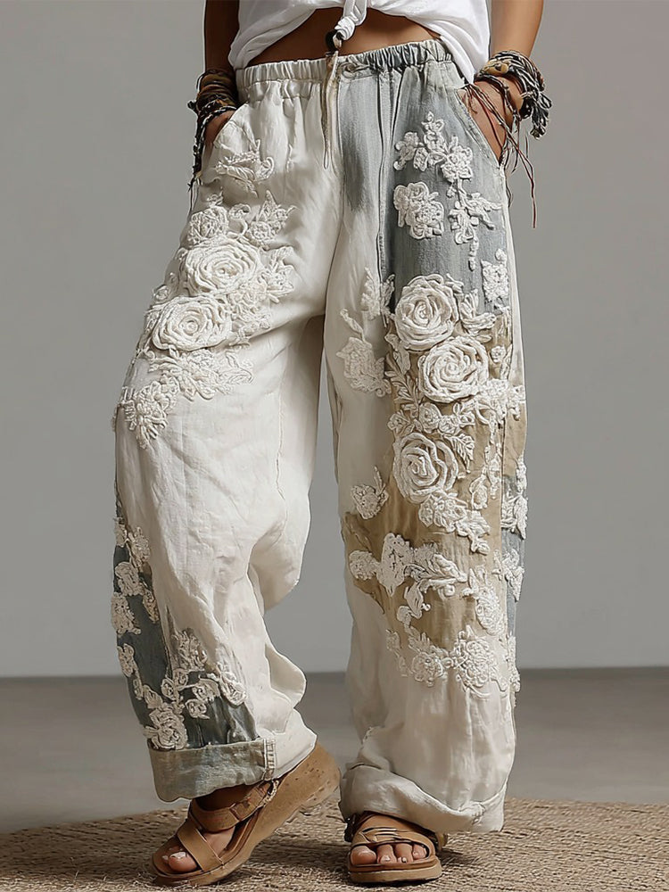 Women's Vintage Rose Floral Art Casual Wide Leg Pants
