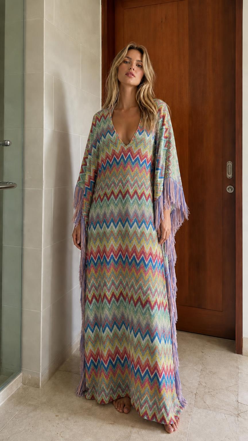 Bohemian Chevron Fringe Maxi Kaftan Dress