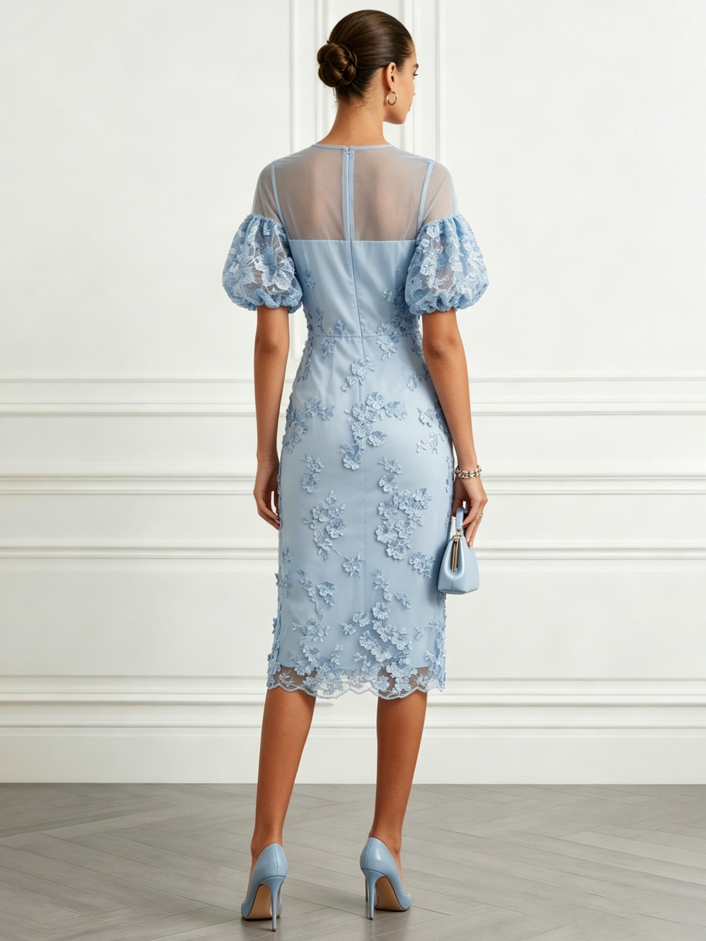 Light Blue 3D Floral Lace Crew Neck Short Sleeve Puff Sleeve Sheath Midi Dress