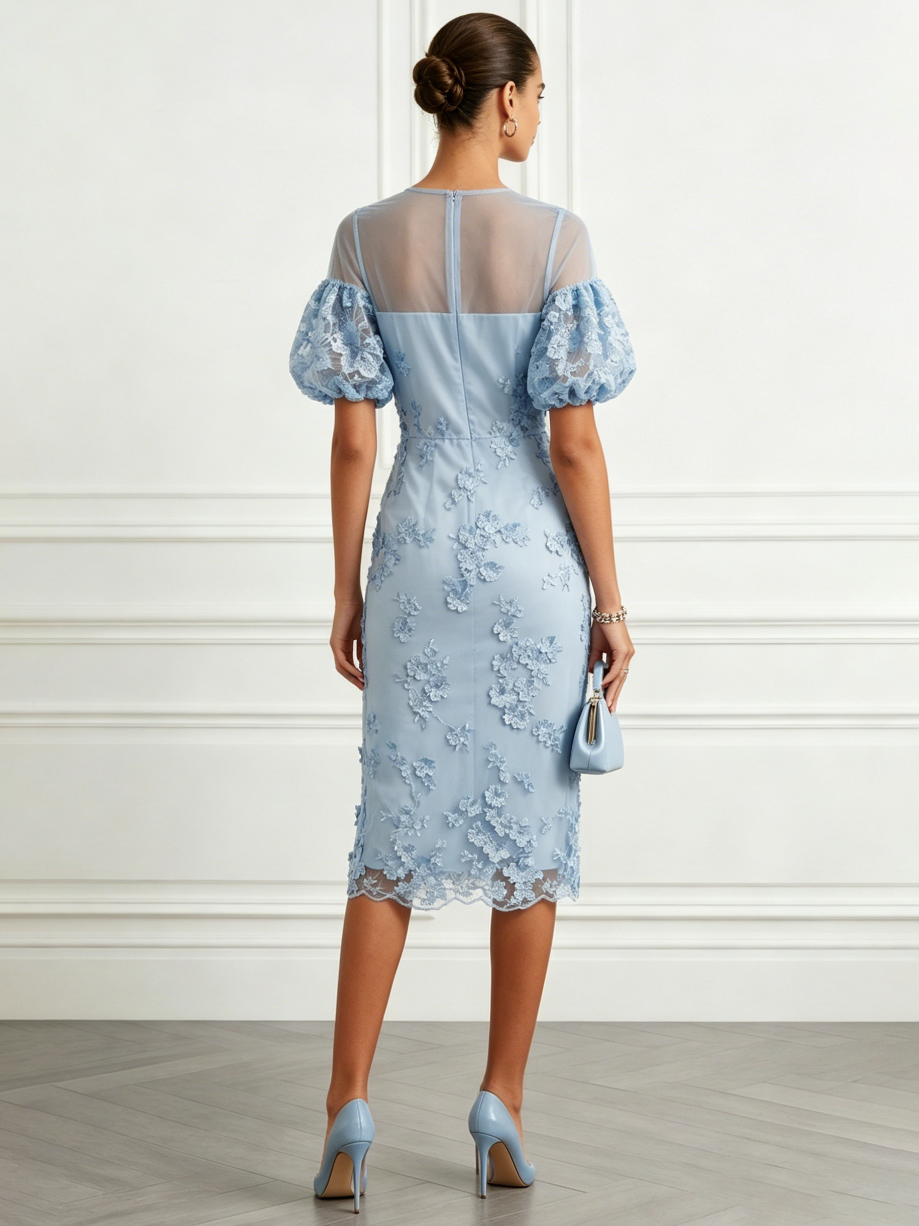Light Blue 3D Floral Lace Crew Neck Short Sleeve Puff Sleeve Sheath Midi Dress