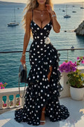 Polka Dot Ruffle Slit Maxi Mermaid Dress