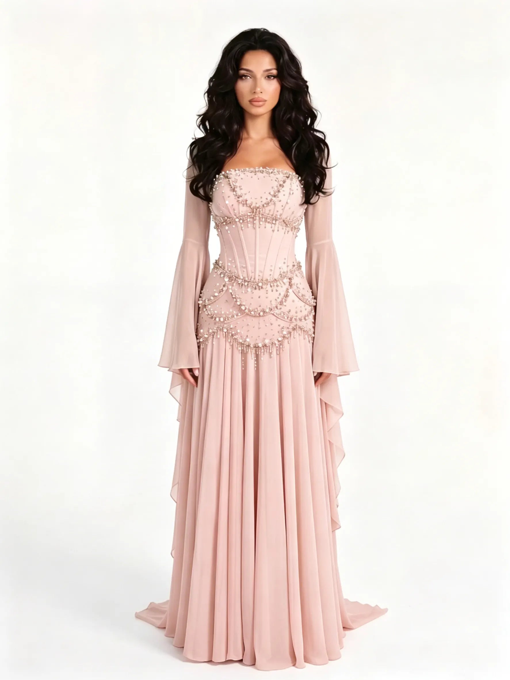 Cocoslly Strapless Sleeveless High Waist Long Prom Dress With Rhinstone | Dusty Sage Chiffon LX0090