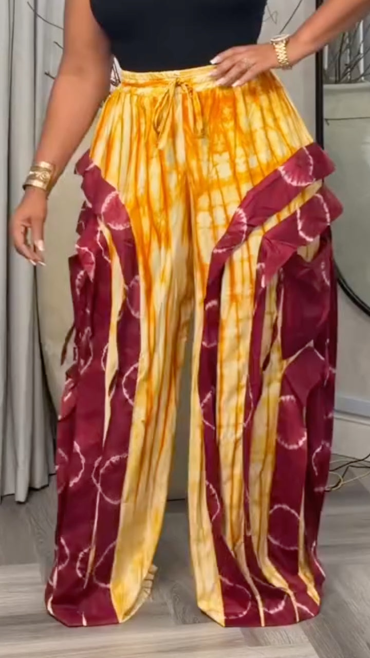 Tie‑Dye Patchwork Ruffled Wide Leg Palazzo Pants For Women