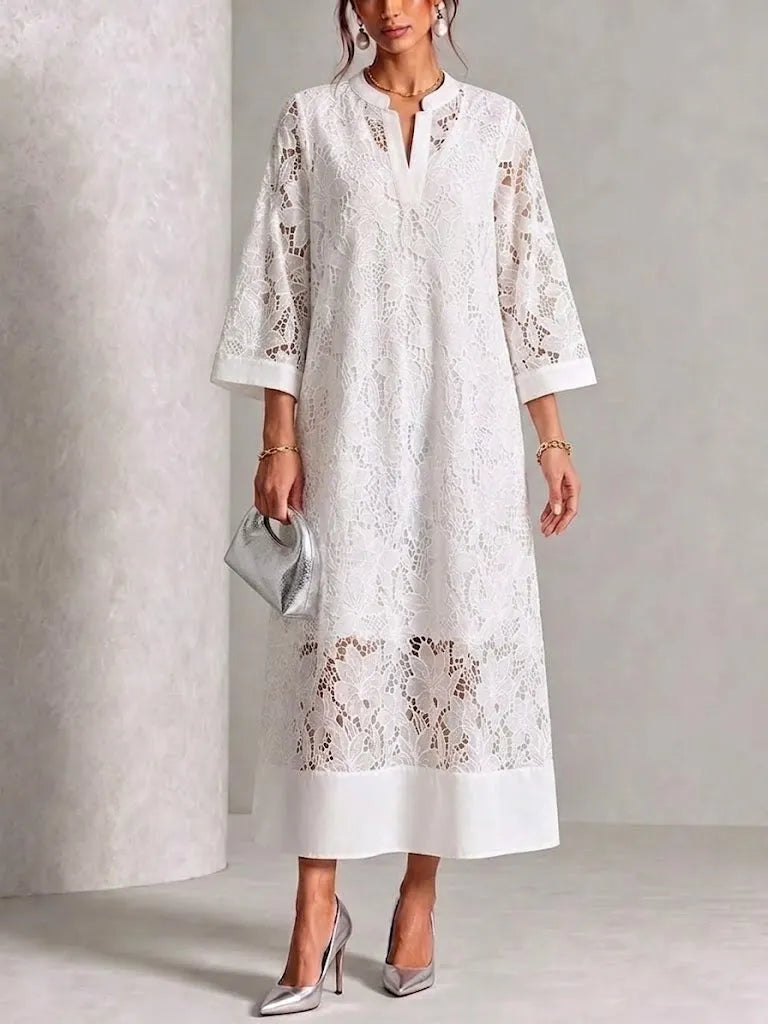 Casual Loose-fit Lace V-neck Dress