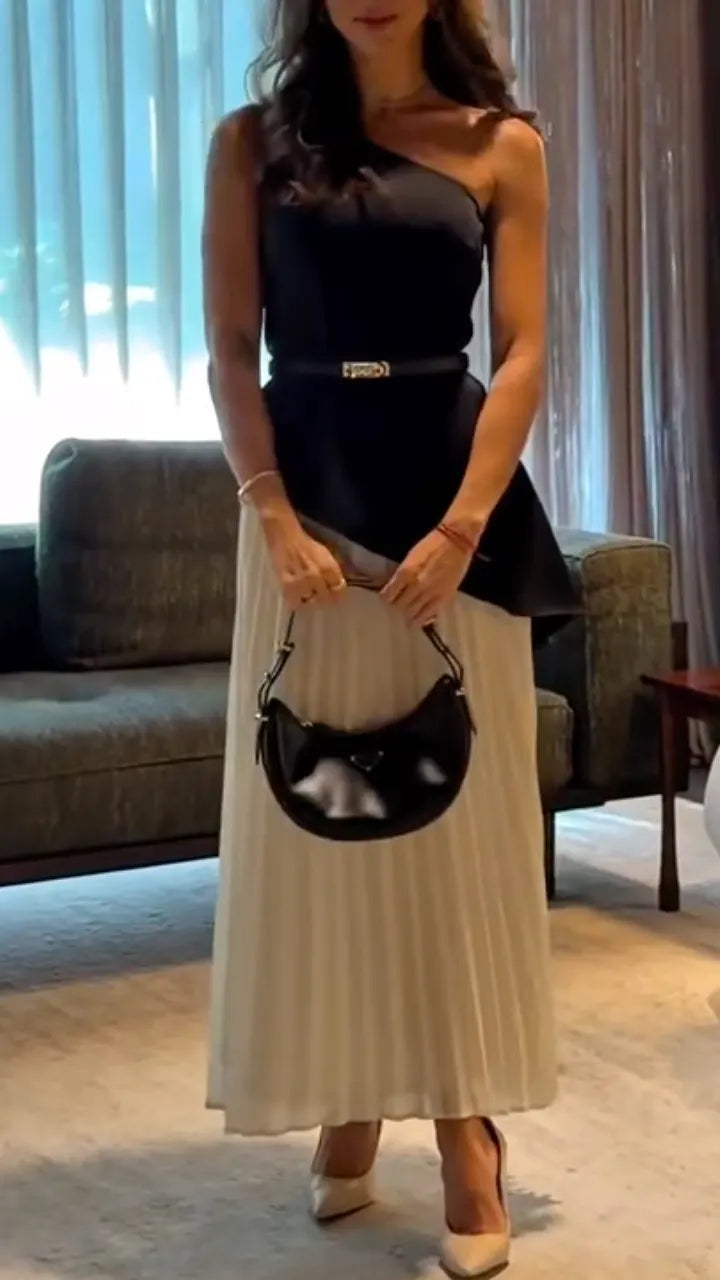 Elegant Women's One-Shoulder Top + Pleated Skirt Set