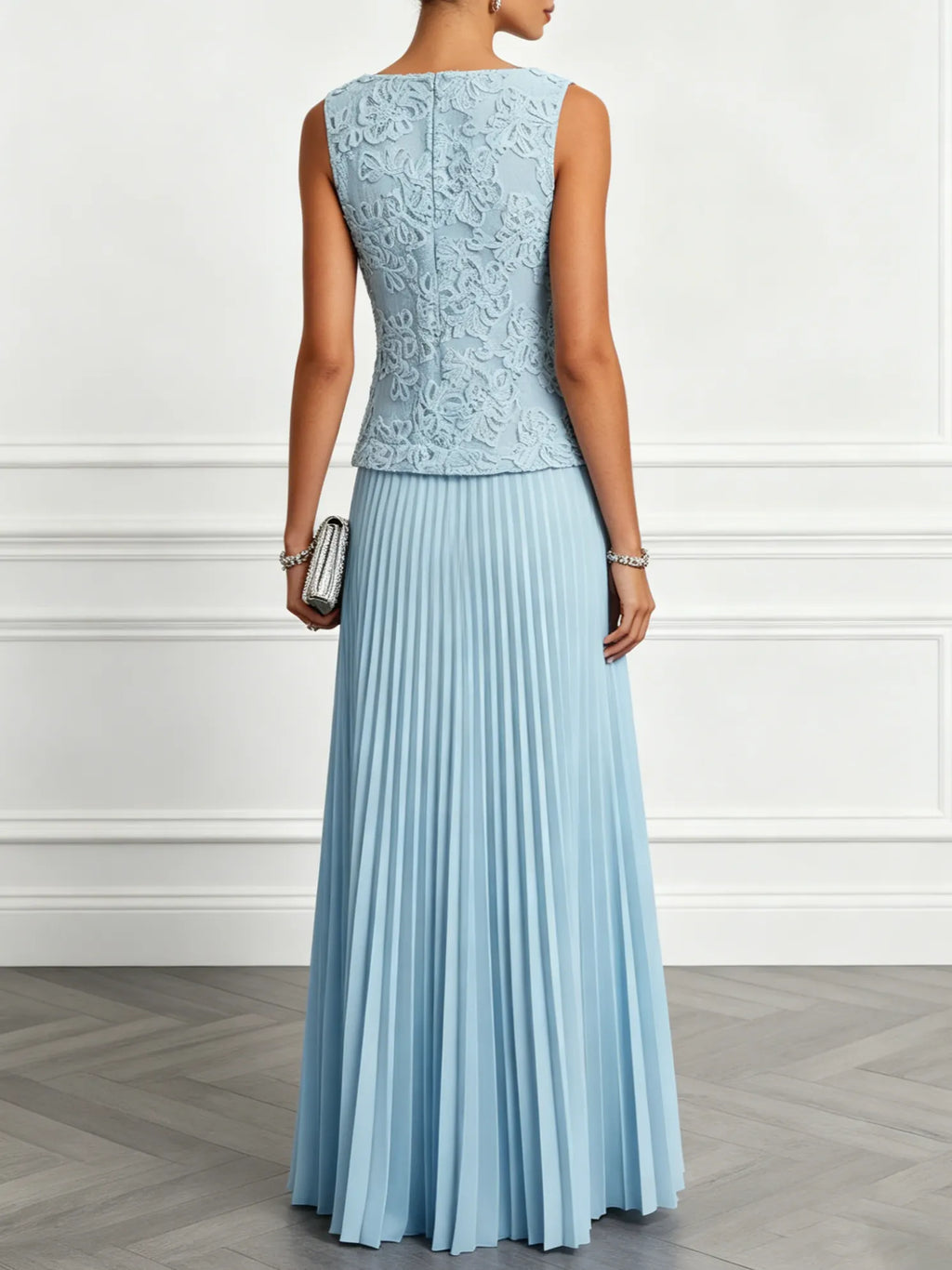 Light Blue Lace Jacquard Classic Boat Neck Sleeveless A-Line Floor-length Gown Dress