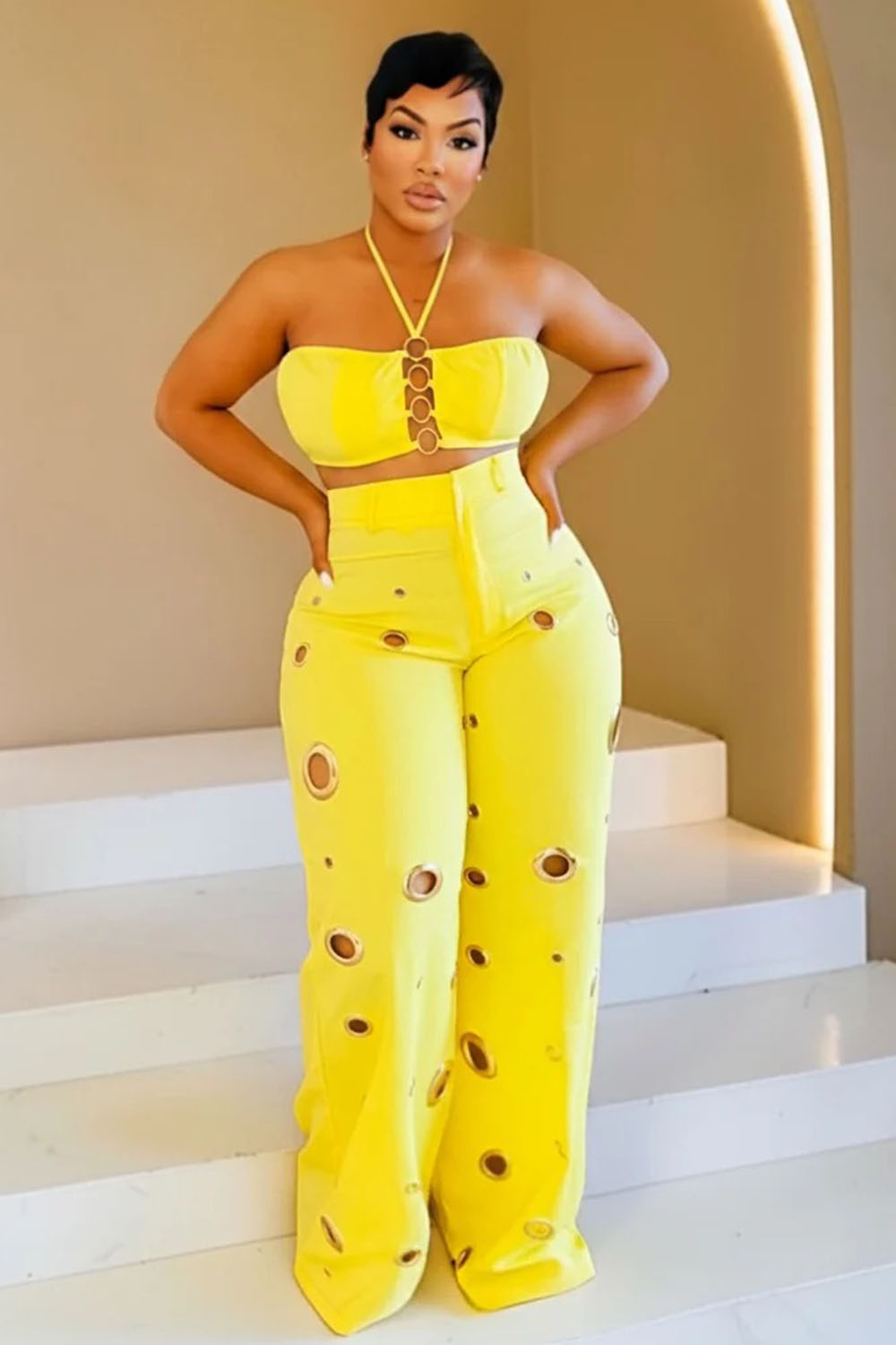 Halter Crop Top High Waist Hollow Pants Casual 2pcs Set-Yellow