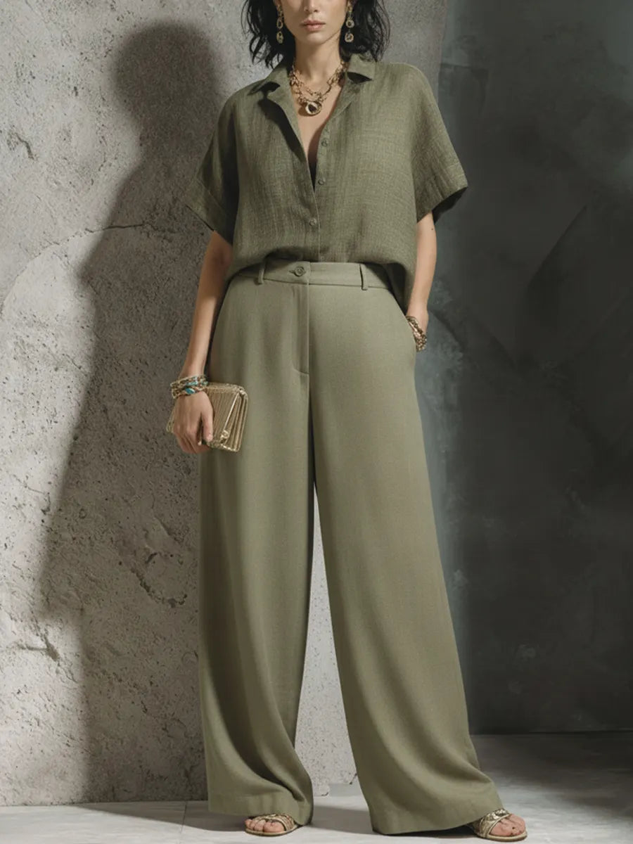Women's Relaxed-Fit Army Green Cotton-Linen Collared Short-Sleeve Shirt And High-Waisted Wide-Leg Cotton-Blend Trouser Set MDZ1745F8GMJ