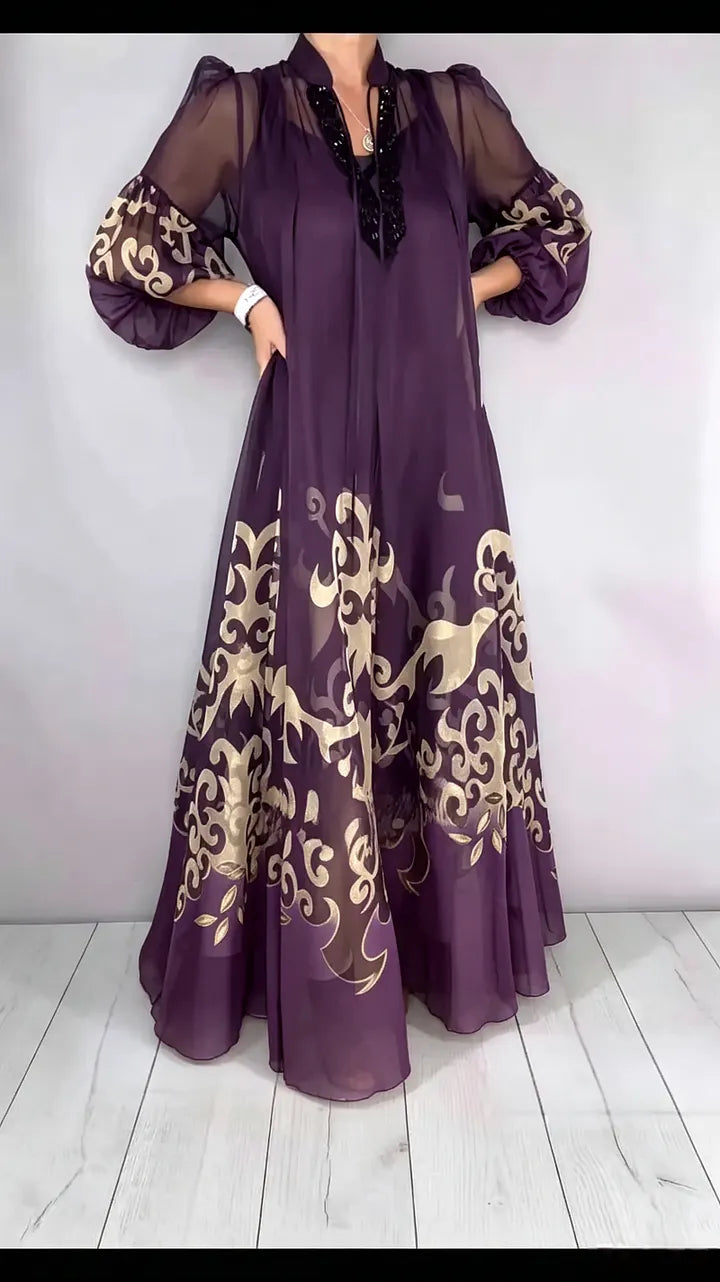 Women's V-neck Chiffon Printed Dress Set