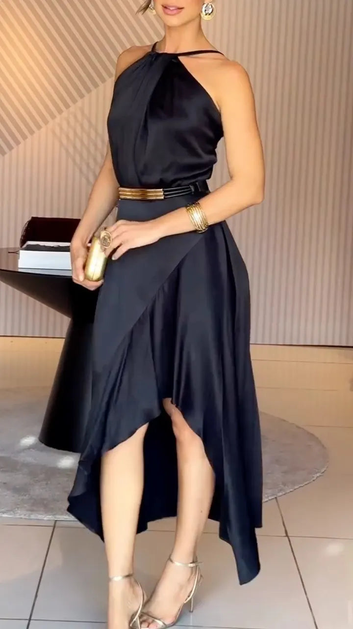 Black Satin Halter Neck Midi Dress+Accessory (Belt)