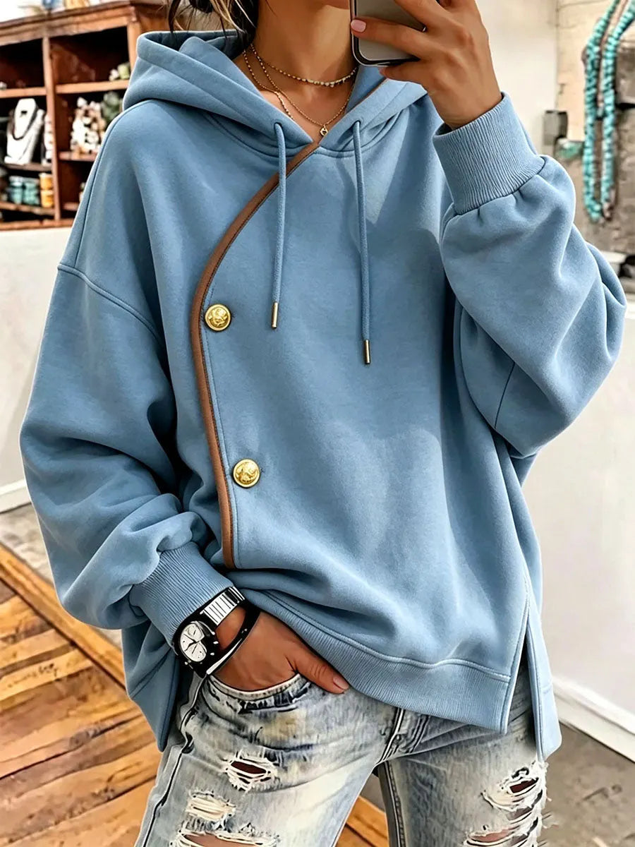 Asymmetric Piping & Buttons Chic Casual Blue Hoodie