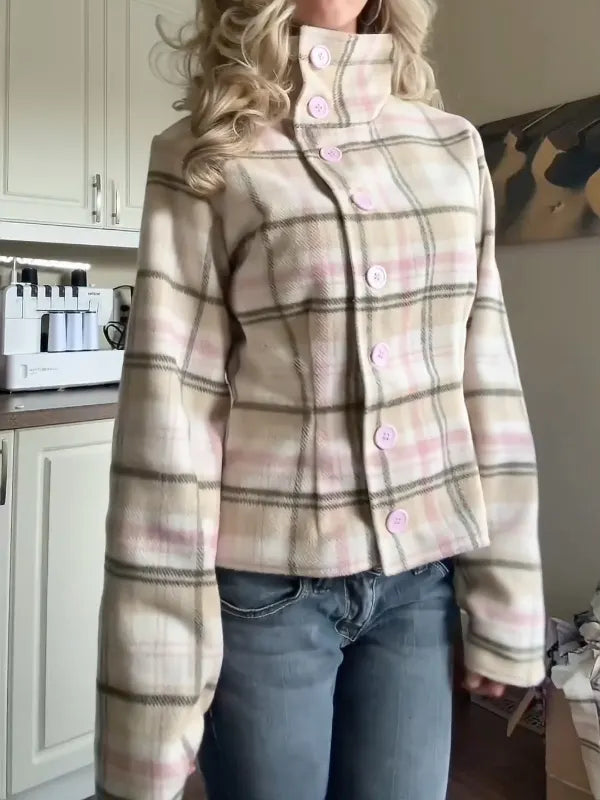 Soft Plaid High-Neck Jacket