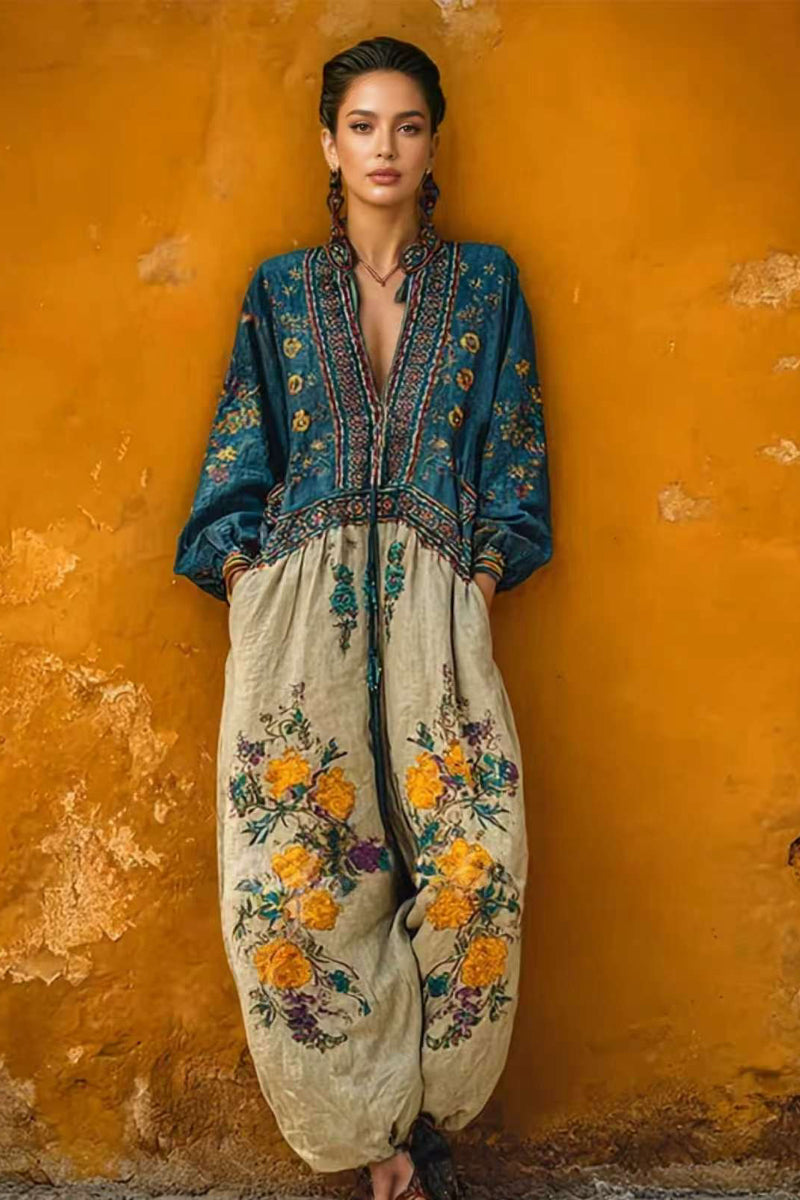 Ethnic Embroidery Cotton Linen Loose Jumpsuit