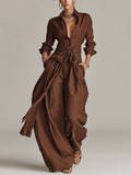 Women's Elegant Brown Woven Cotton-linen Long-sleeved Shirt Collar Jumpsuit With Belt MDA1965L9AN