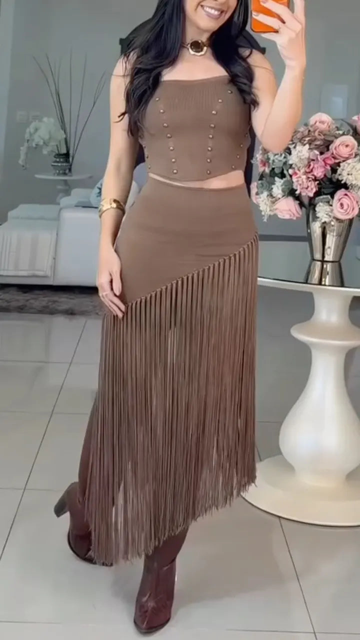 Studded Crop Top Fringe Skirt Two Piece Set