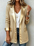 Chic Gold Knit Blazer With Sleek Faux Leather Trim