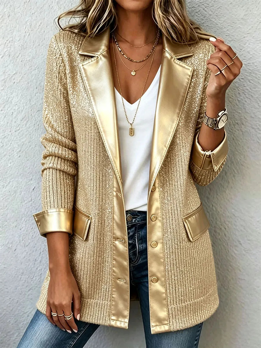 Chic Gold Knit Blazer With Sleek Faux Leather Trim