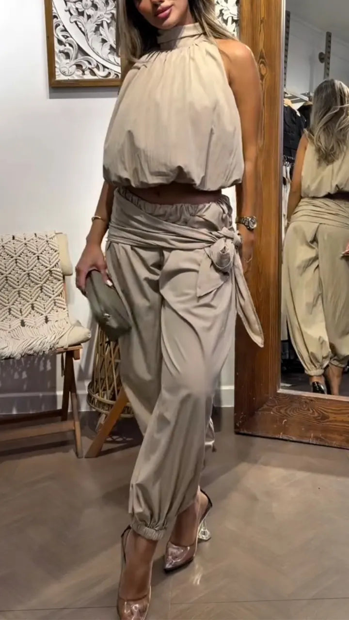 Halter Crop Top & Wrap Tie Harem Pants Two‑Piece Set