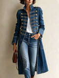 Chic Military-inspired Long Denim Coat