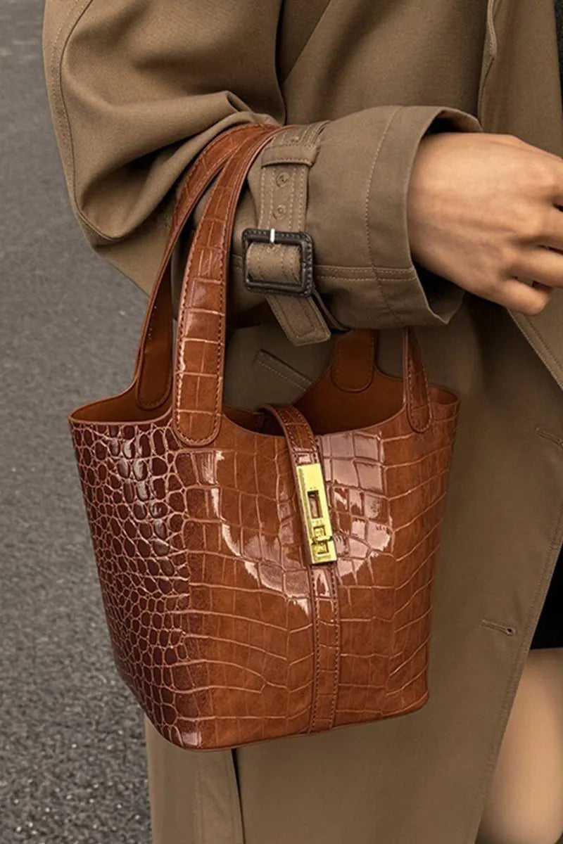 Women's Stylish Croc-Embossed Vintage Bucket Bags