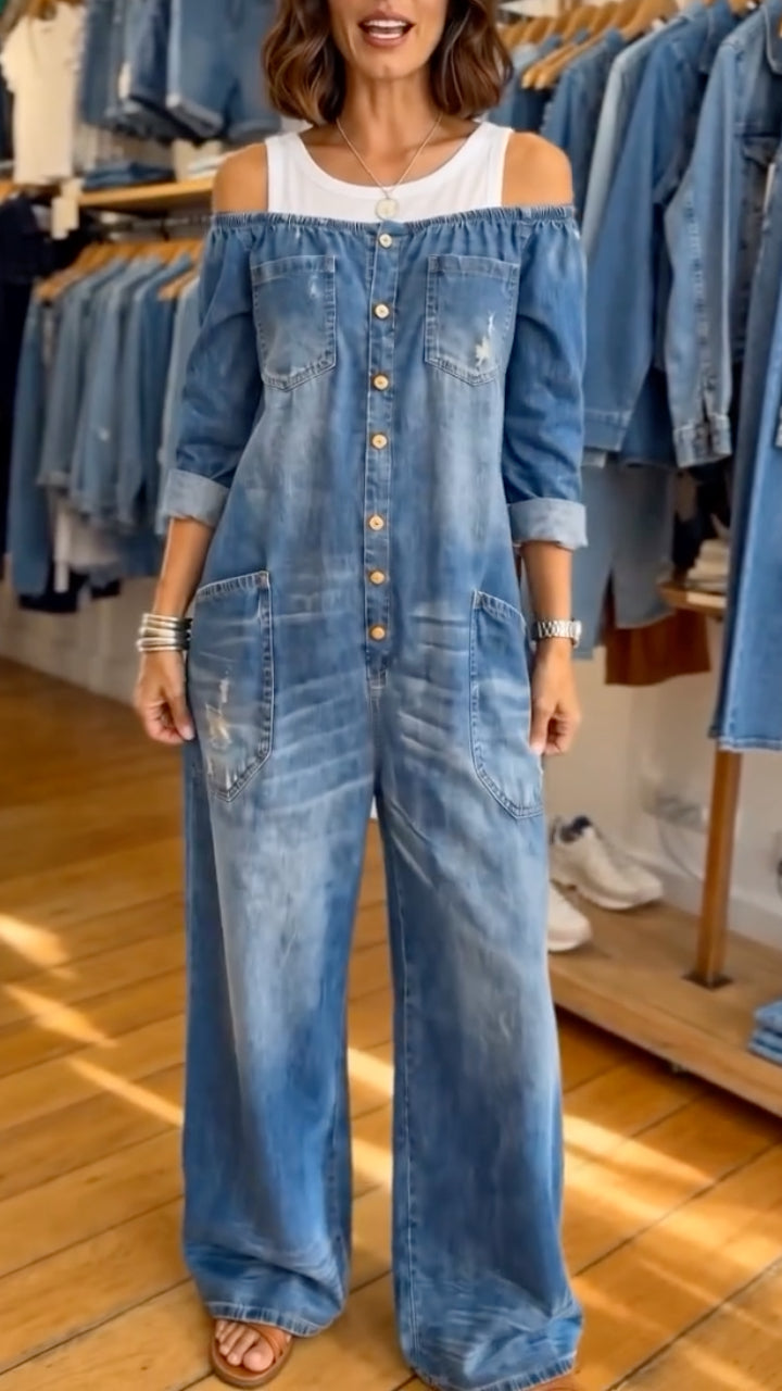 Women's - Faux Two-Piece Denim Jumpsuit