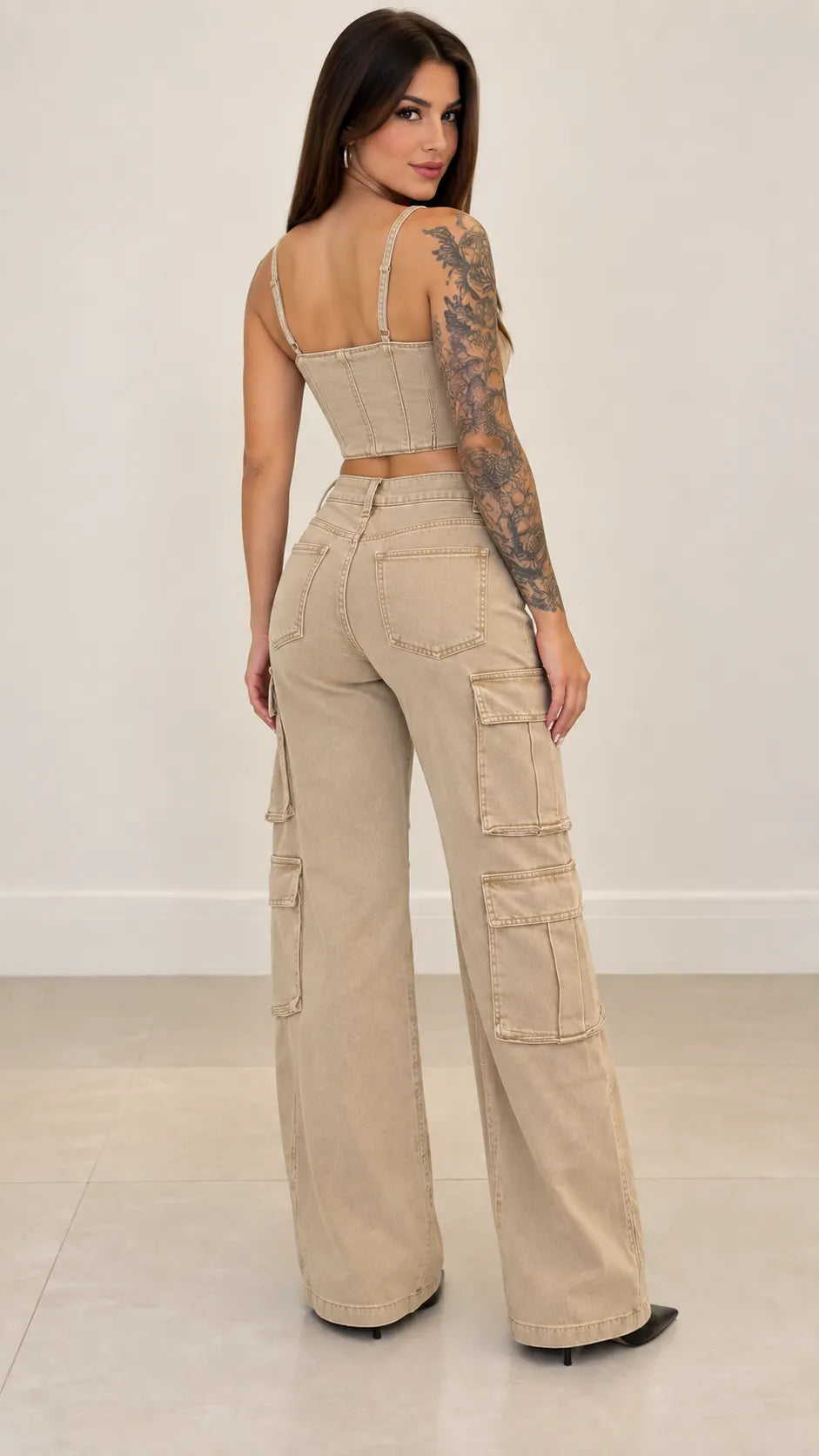 Denim Corset Top & Cargo Wide-Leg Pants Set