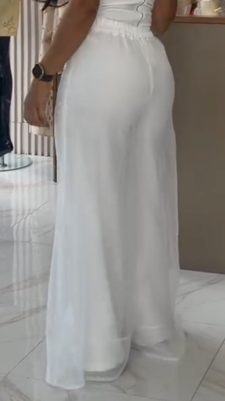 White Chiffon High Waist Wide Leg Pants