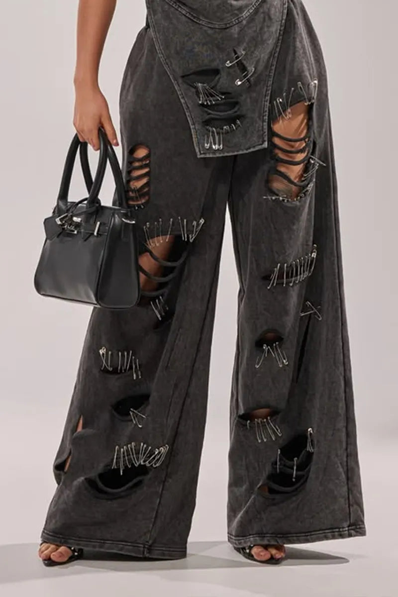 Hot Selling Women's Casual Denim Hanging Neck Denim And Denim Straight Leg Pants