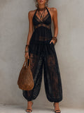 Boho Halter-Neck Lace-Paneled Vest & Balloon Pants Set