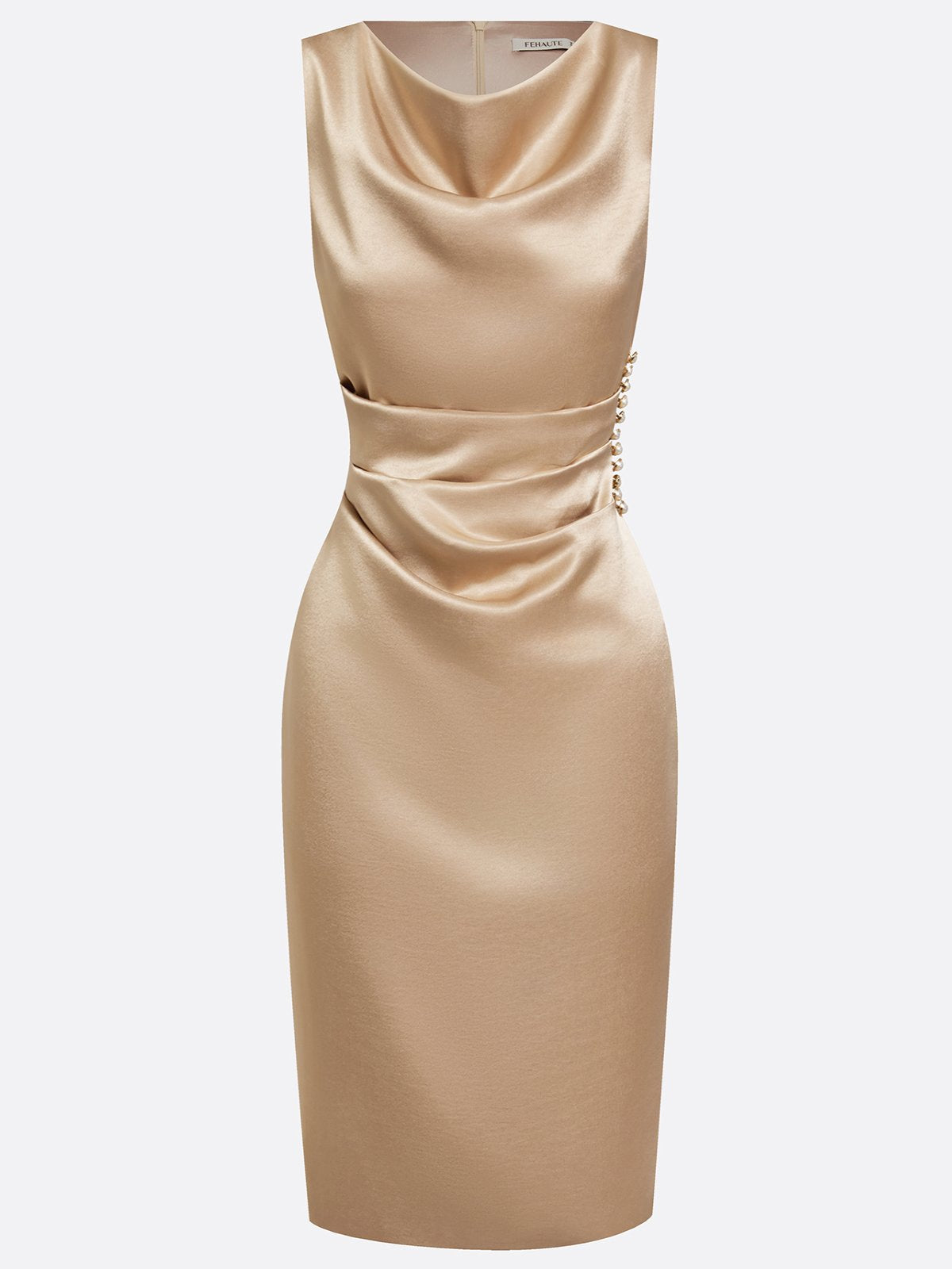 Champagne Ruched Buckle Satin Cowl Neck Sleeveless Sheath Midi Dress