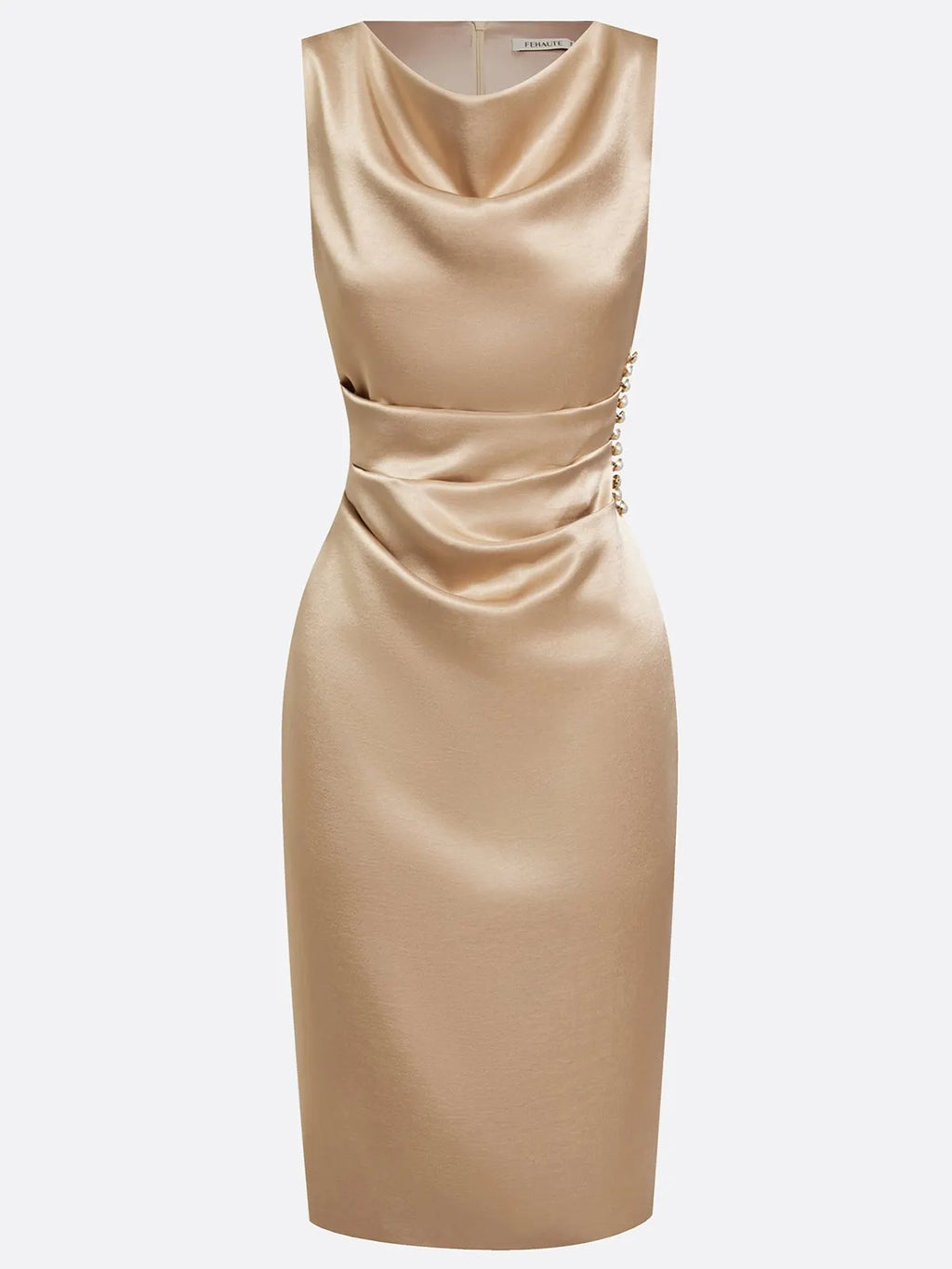Champagne Ruched Buckle Satin Cowl Neck Sleeveless Sheath Midi Dress