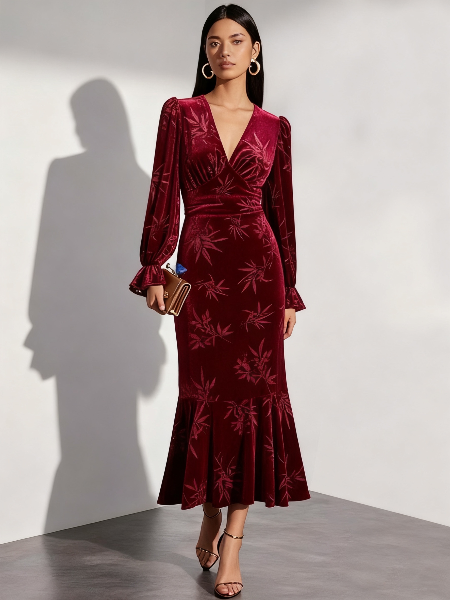 Wine Red Embossed Jacquard Velvet V Neck Long Sleeve Bell Sleeve Mermaid Maxi Dress