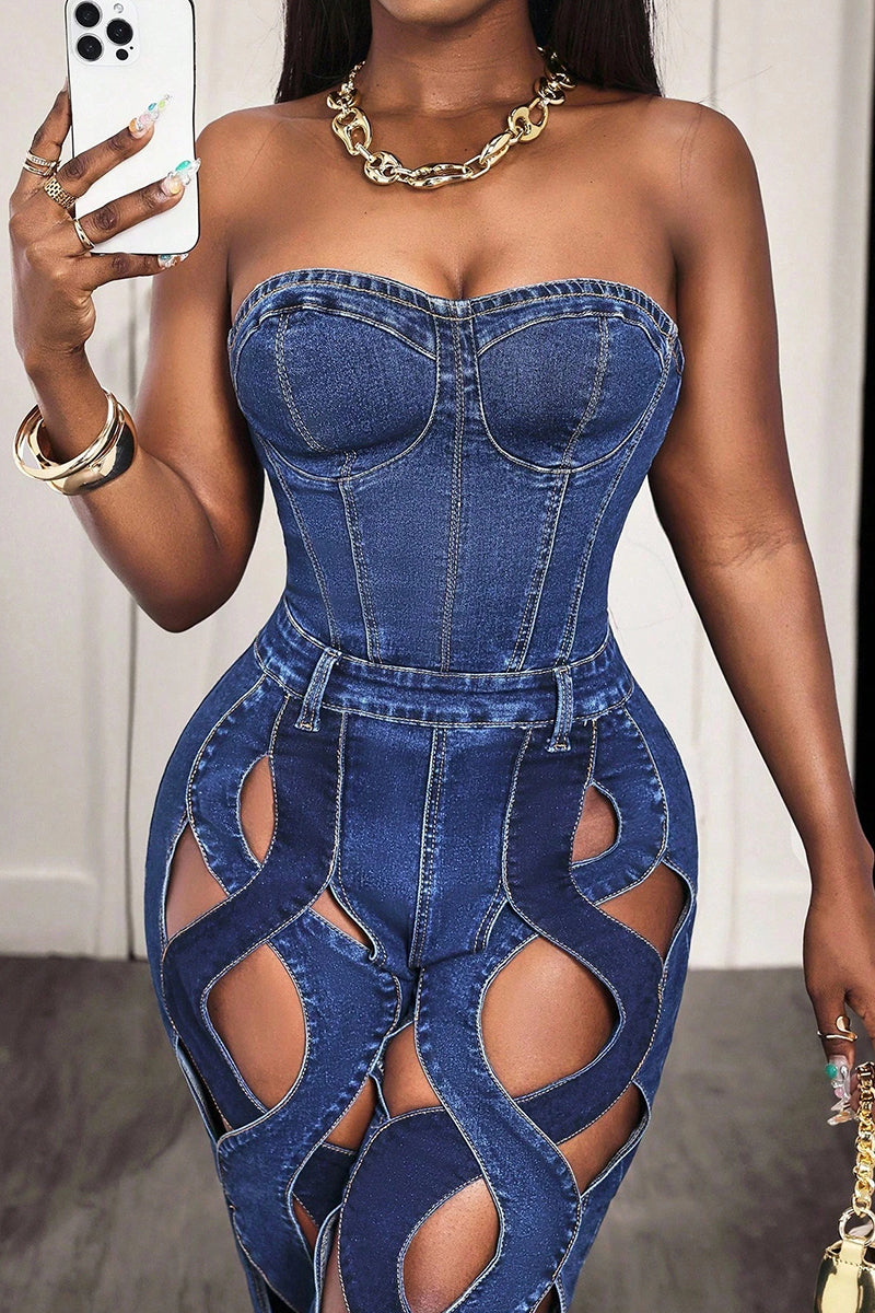 Women's Casual Cutout Strapless Wide Leg Denim Jumpsuit