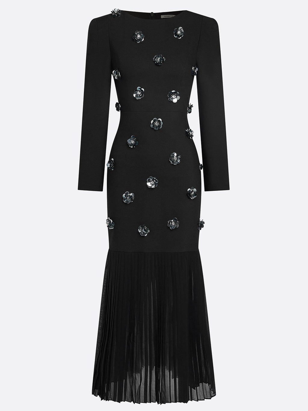 Black Pleated 3D Floral Classic Boat Neck Long Sleeve Mermaid Maxi Dress