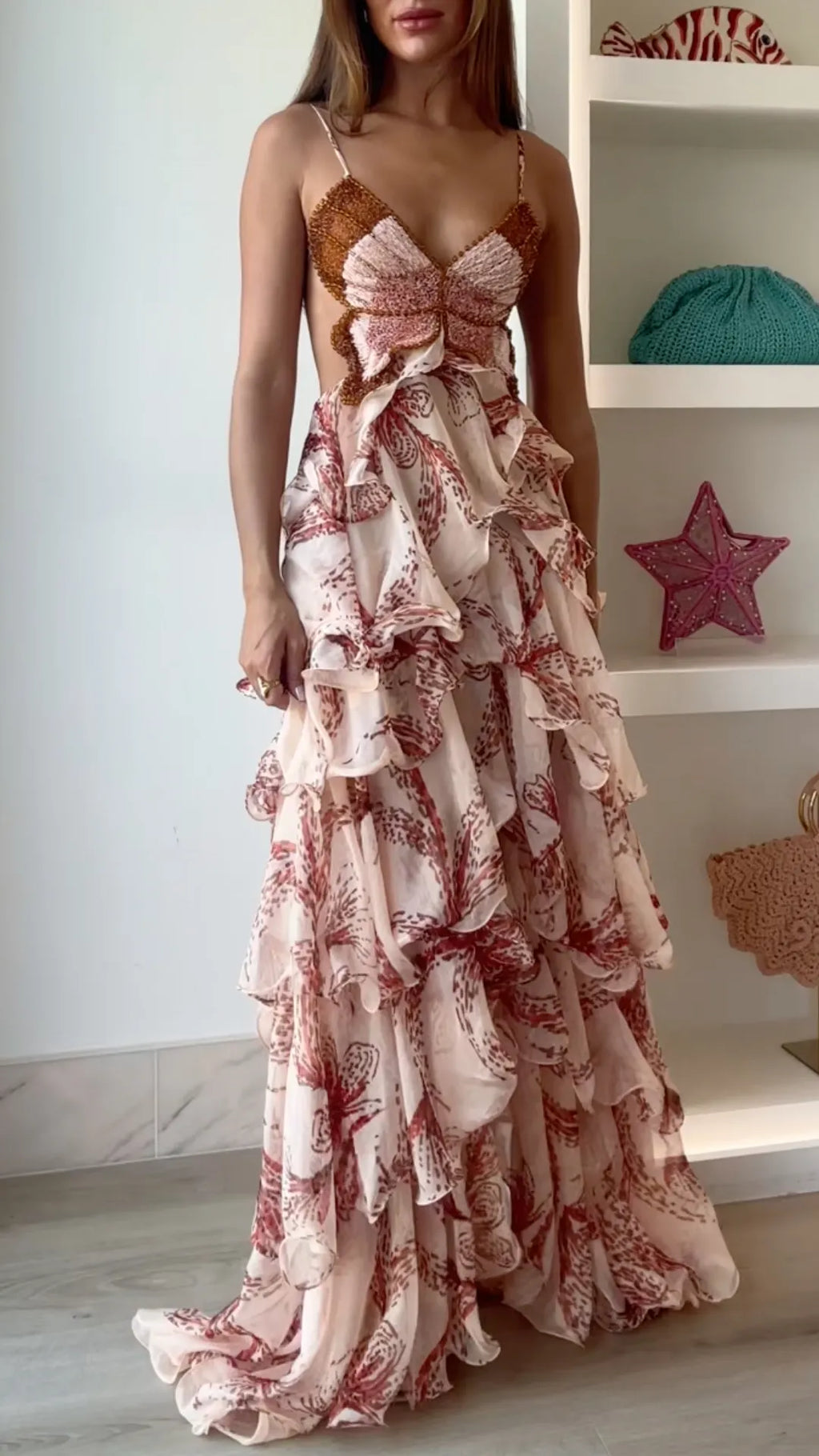 Butterfly Beaded Ruffled Floral Maxi Gown