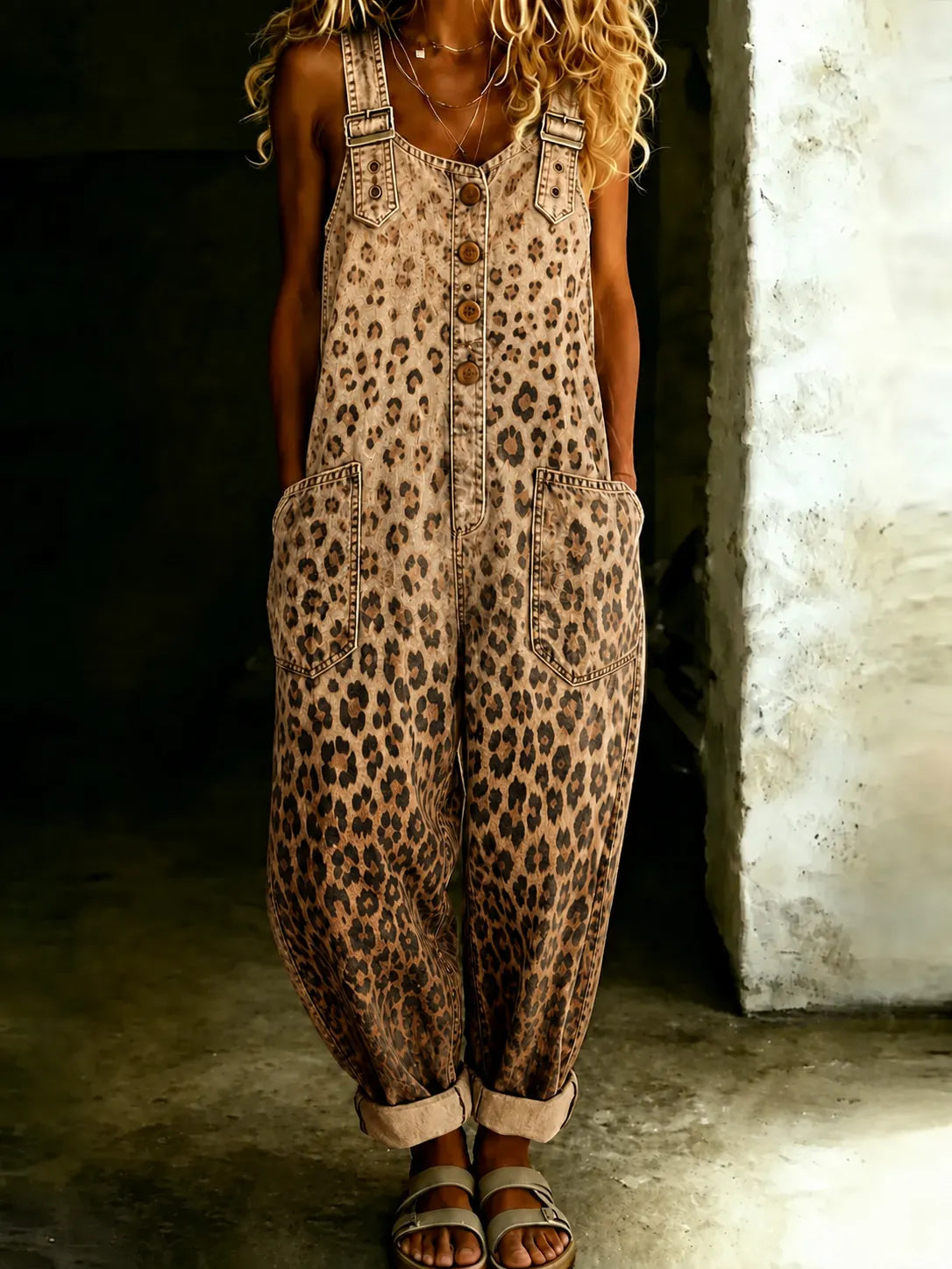 Leopard Print Denim Overalls