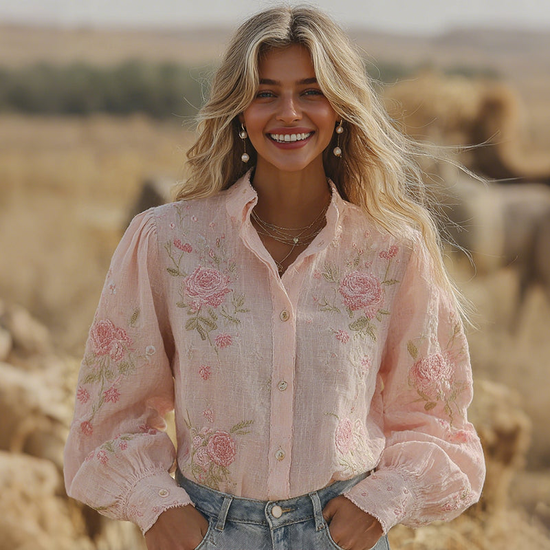 Women's Retro Pink Floral Pattern Long Sleeve Shirt