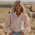 Women's Retro Pink Floral Pattern Long Sleeve Shirt