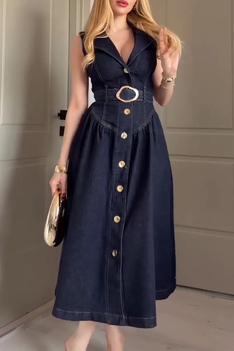 Women's Elegant Lapel Button Front Denim Dress with Belt