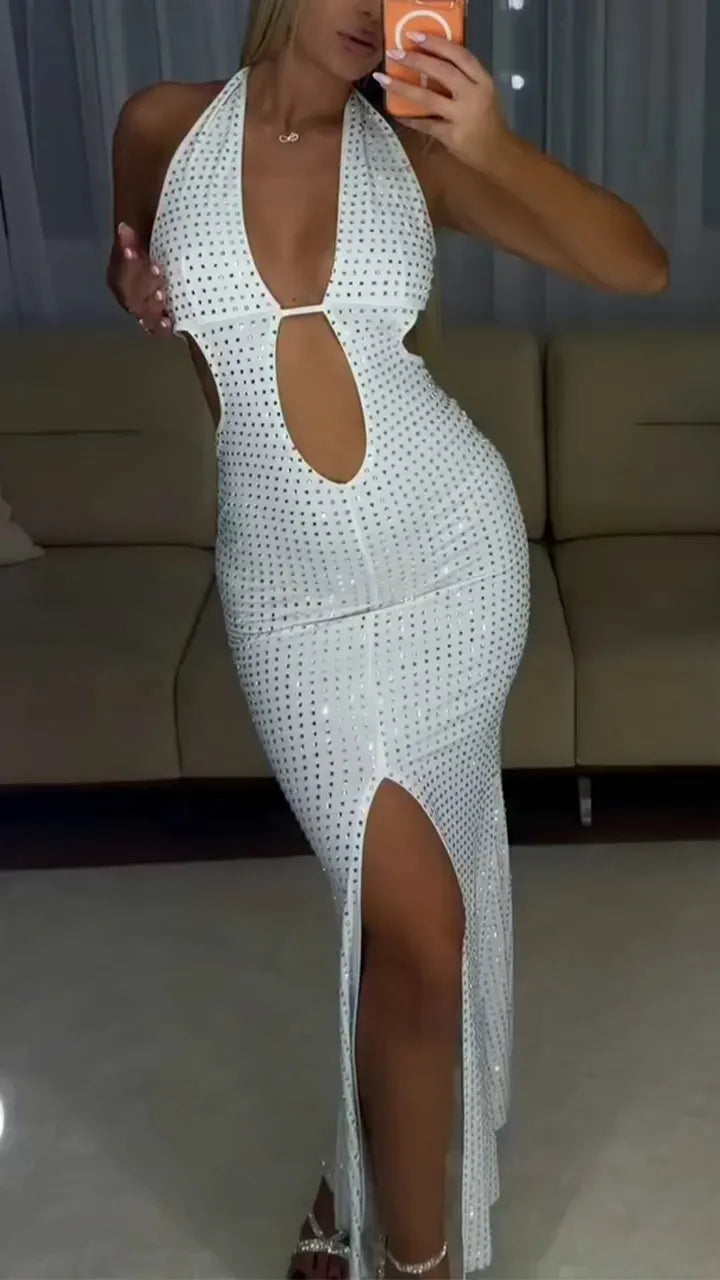 Women Neck Hanging Hot Diamond Hollow Sexy Dinner Party Style Dress