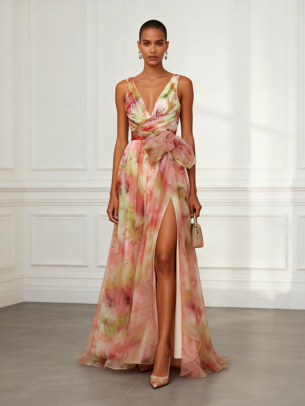 Pink Floral Bow Tulle V Neck Sleeveless A-Line Floor-length Gown Dress