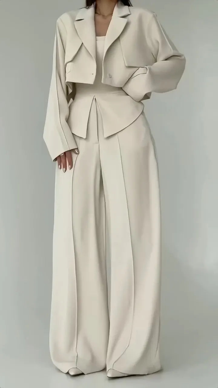 Taupe Cropped Blazer Two‑Piece Pants Set