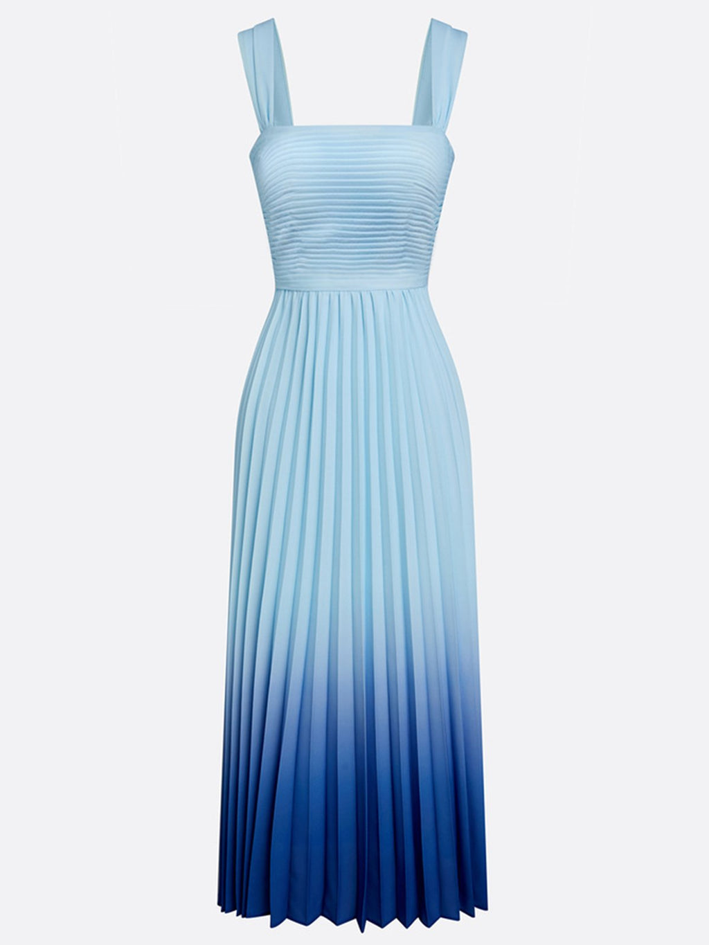 Light Blue Ombre Pleated Chiffon Square Neck Sleeveless A-Line Midi Dress