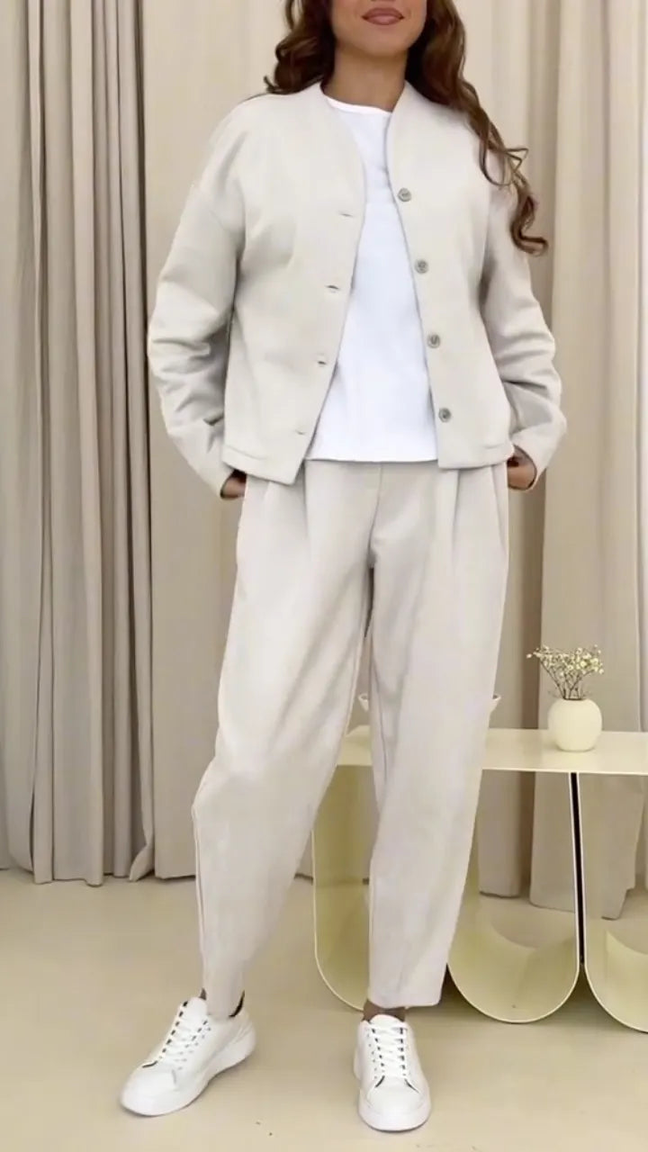 Beige Stand Collar Cropped Jacket & Pleated Ankle Pant Two Piece Suit