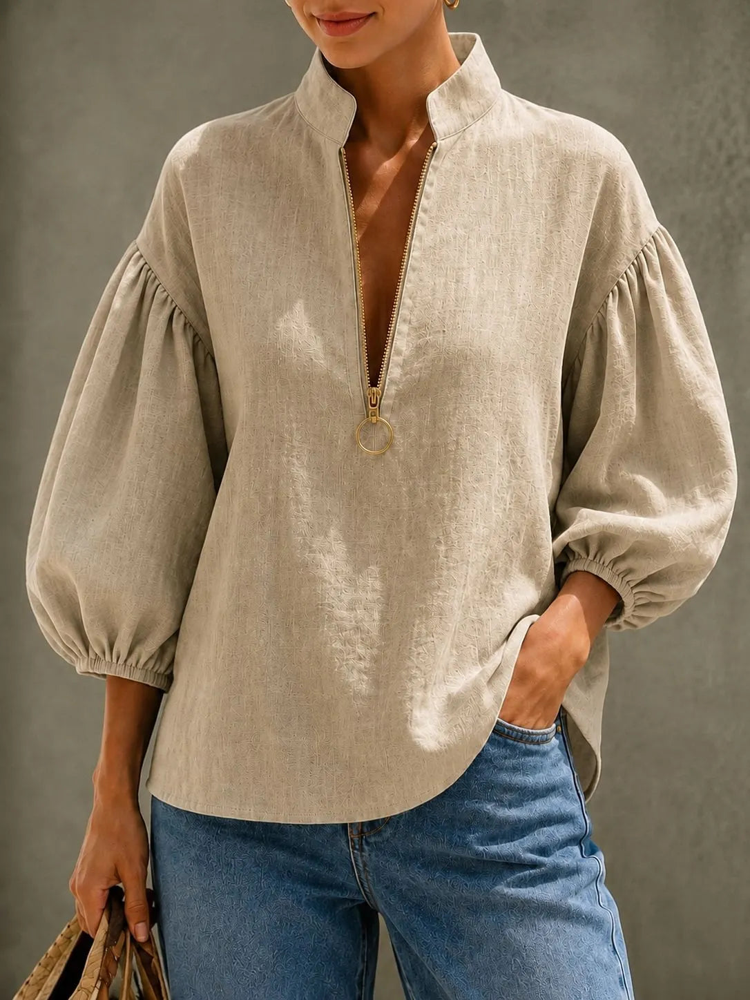 Casual Half-zip Linen-cotton Shirt