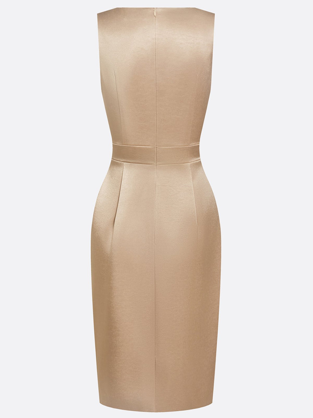 Champagne Ruched Buckle Satin Cowl Neck Sleeveless Sheath Midi Dress